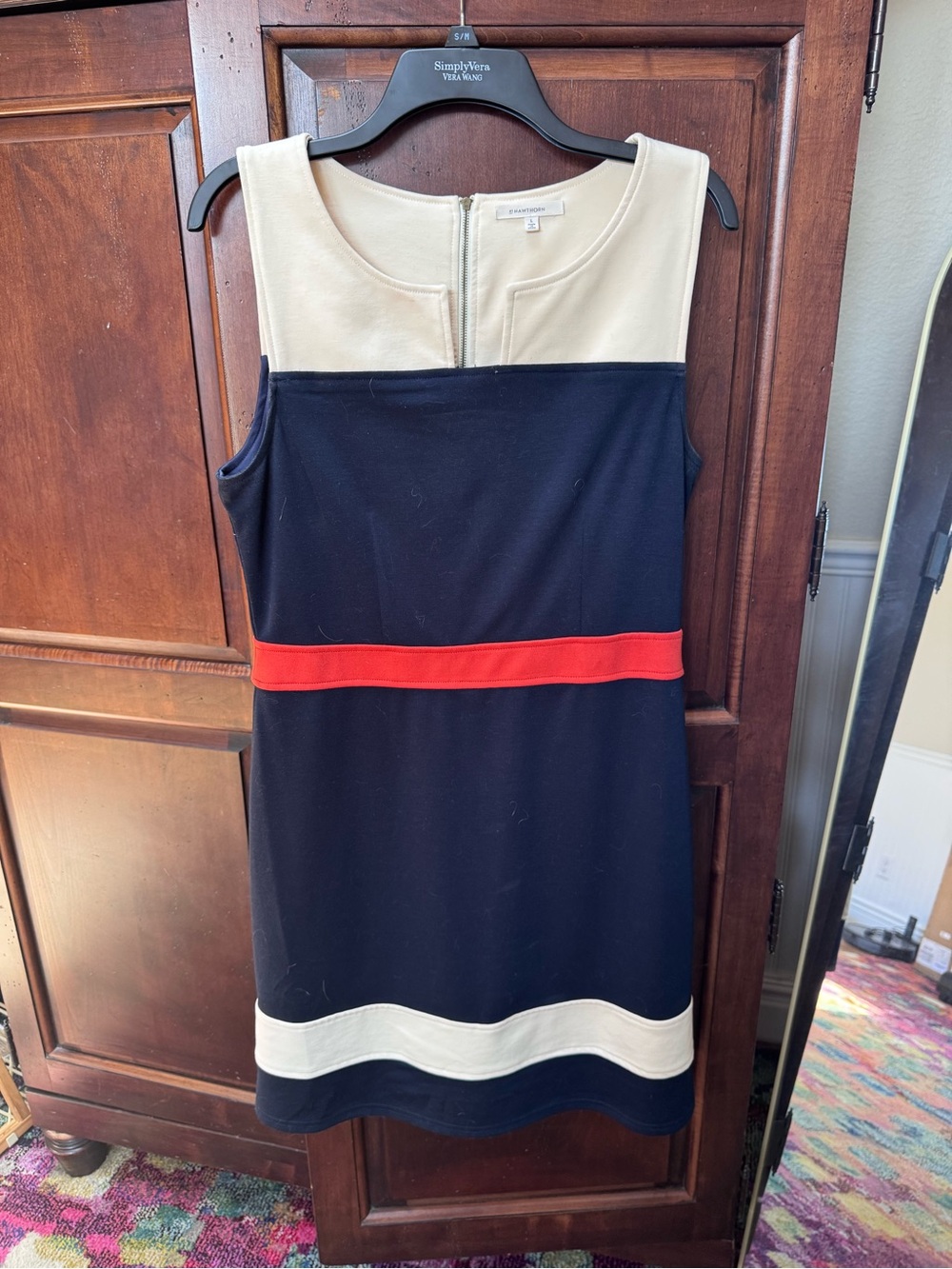 41 Hawthorn Navy Dress with Cream Yoke & Red Waistband